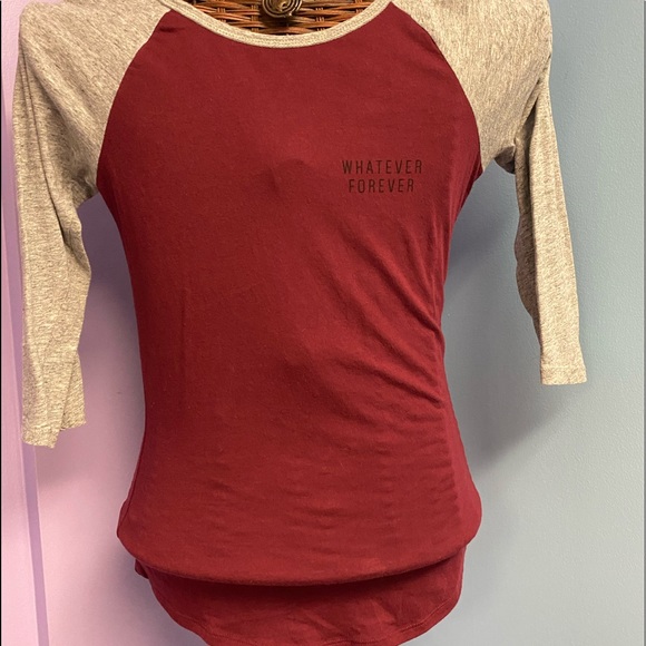 WHATEVER FOREVER Burgundy Baseball Tee 3-4 Sleeve Top - Picture 2 of 6